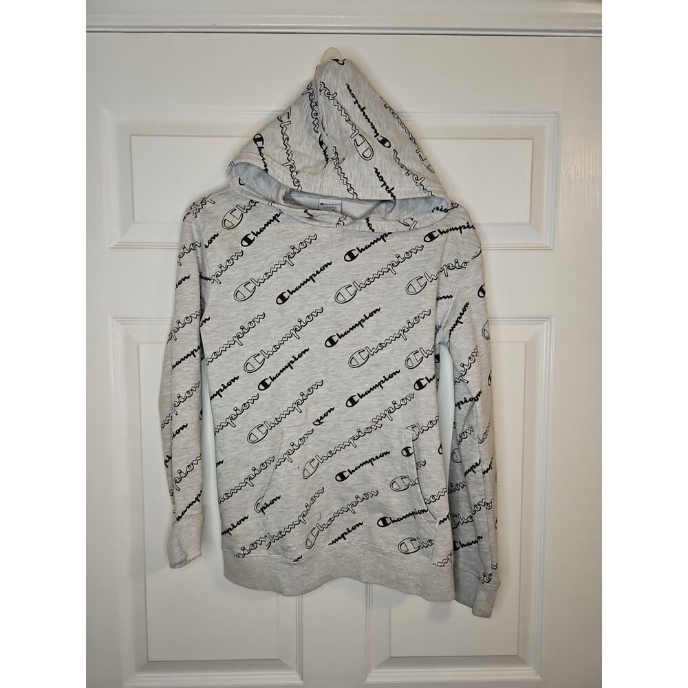 Champion Hoodie Boys Size L Large 14-16 Gray All Over Print Pullover Sweatshirt